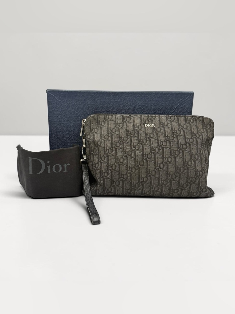 Dior Gray/Black Monogram Toiletry Pouch with Wristlet